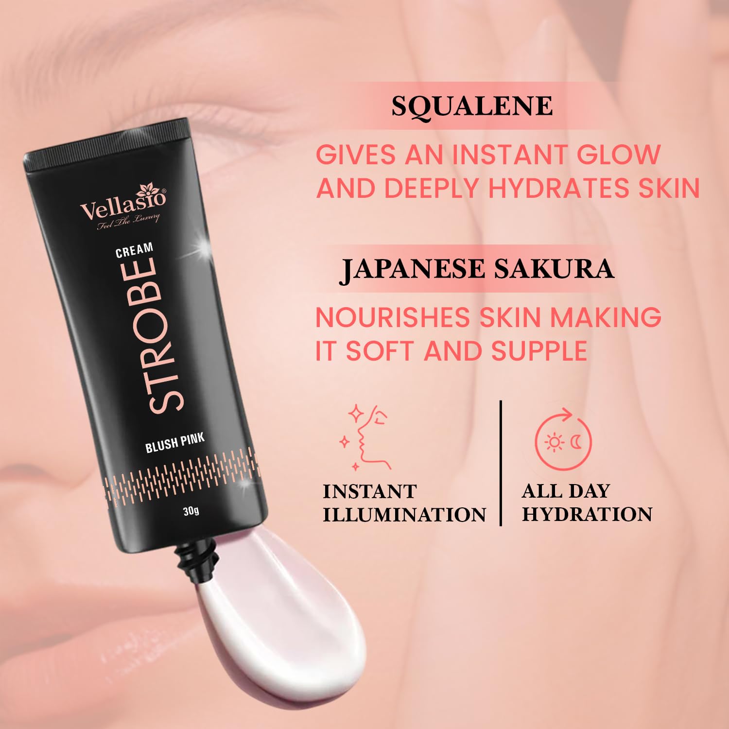 Vellasio Strobe Cream - Blush Pink | Face Illuminator & Primer with Hyaluronic Acid, Squalene & Japanese Sakura | Dewy Glow, Hydration, Non-Comedogenic for All Skin Types - 30g