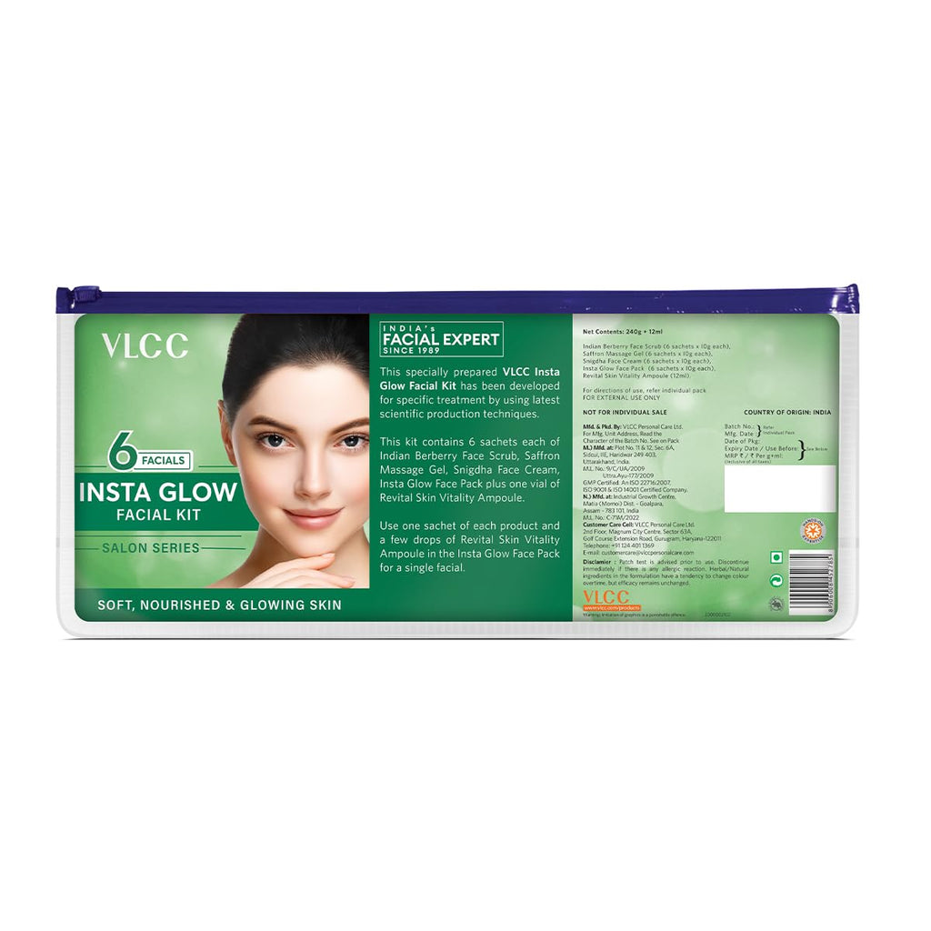 VLCC Salon Series Insta Glow Facial Kit (6 Facials) - 240g + 12ml | Fights Premature Ageing | Youthful Glow Facial Kit with Saffron & Berberry | Anti-Microbial and Complexion Brightening
