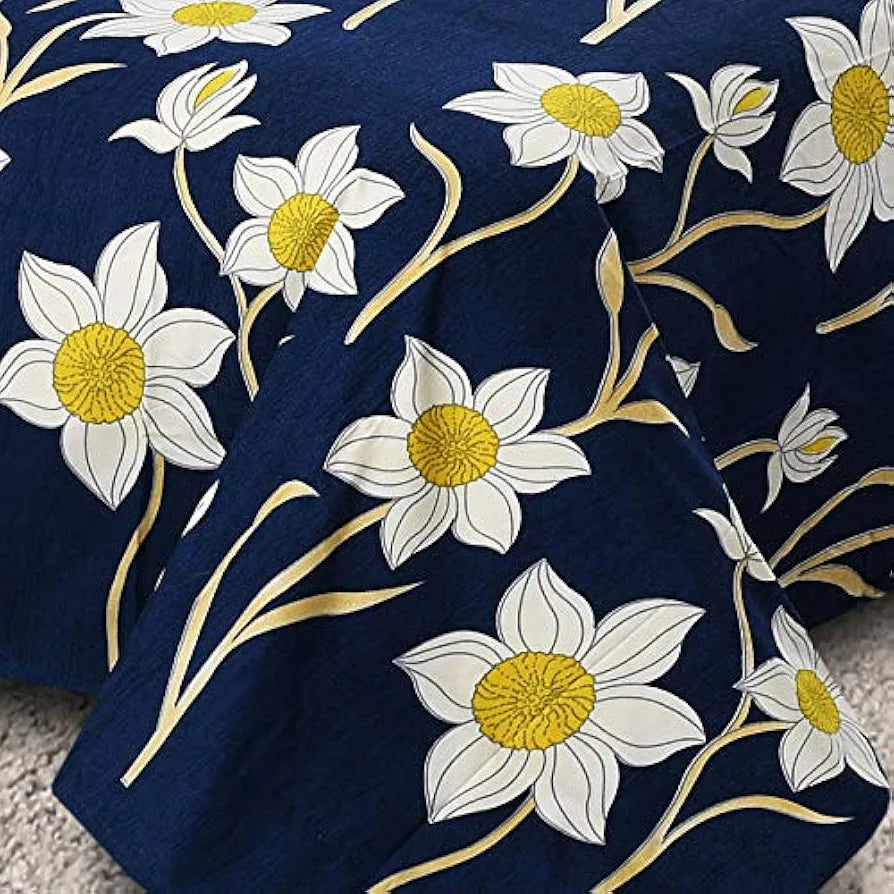 Fresh From Loom 144 TC King Bedsheet for Double Bed Floral Design Bed Spread 2 Pillow Covers Royal Blue