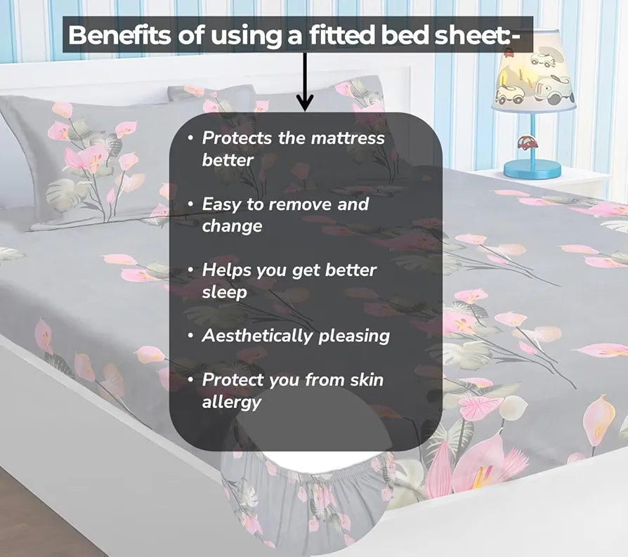 Homekart Premium Cotton Elastic Fitted Bedsheets with 2 King Size Pillow Covers Double Bed Flower Print Pink and Grey 200 tc 220 tc Pink & Grey