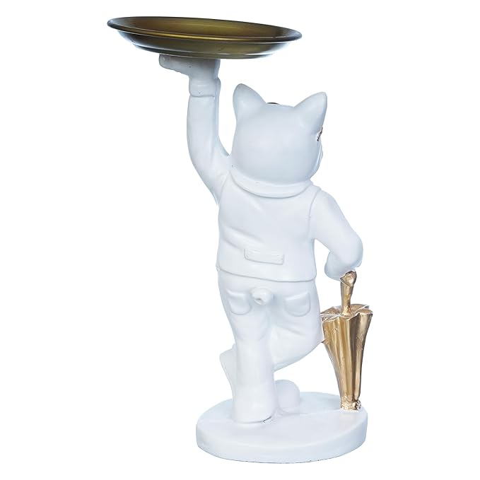 Ecraftindia White Bulldog Statue in Glasses Holding Golden Umbrella and Tray in Hands Table Top Decorative Showpiece