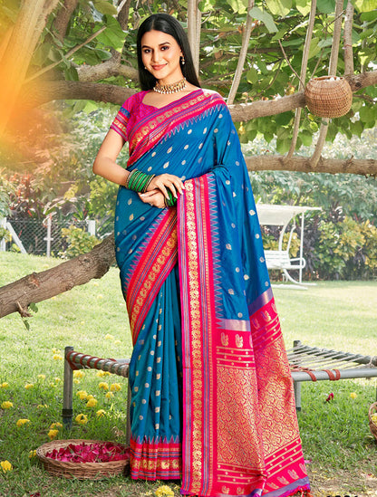 Monjolika Fashion Royal Blue & Rani Pink Banarasi Silk Blend Saree with Zari Woven Border