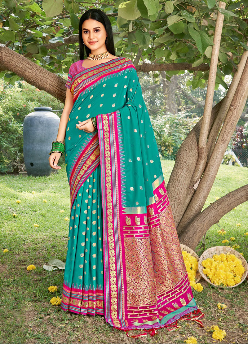 Monjolika Fashion Teal & Rani Pink Banarasi Silk Blend Saree with Zari Woven Border