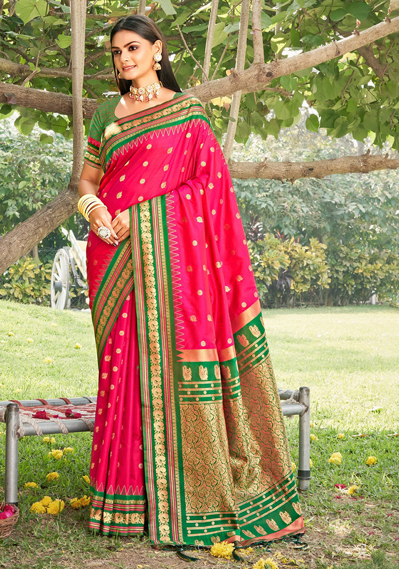 Monjolika Fashion Rani Pink & Green Banarasi Silk Blend Saree with Zari Woven Border