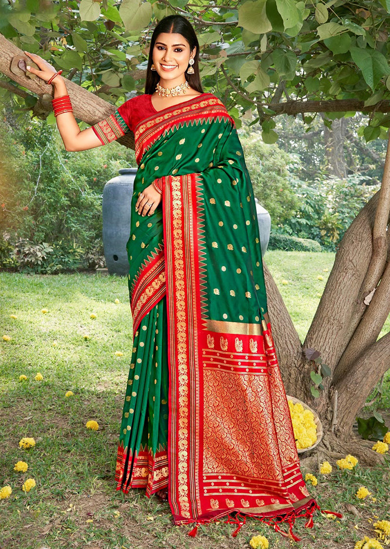 Monjolika Fashion Dark Green & Red Banarasi Silk Blend Saree with Zari Woven Border