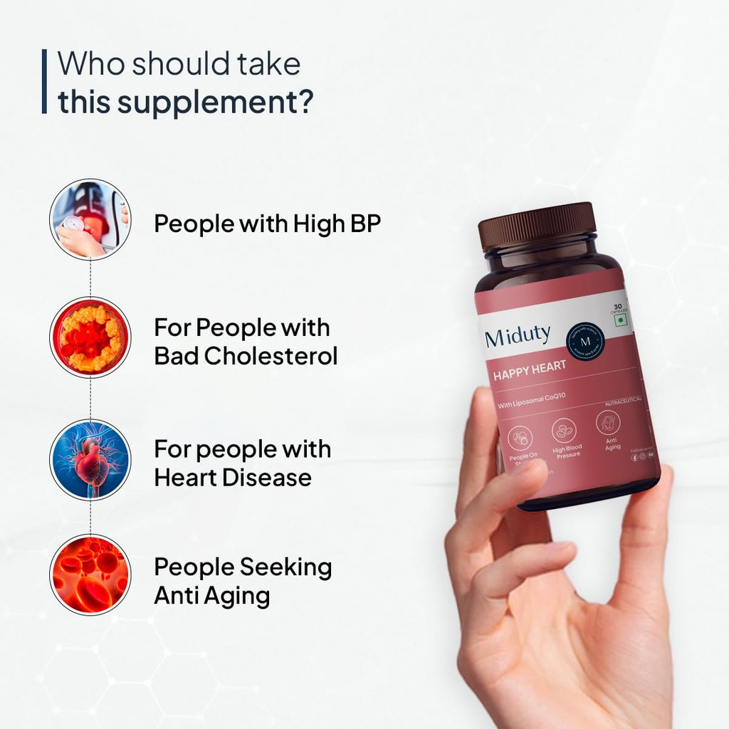 Miduty by Palak Notes Happy Heart - Liposomal CoQ10 - Heart Health Supplement - Methyl Folate - D-Chiro-Inositol - Blood Pressure Control, Healthy Skin, Heart Health & Kidney Health - 30 Capsules