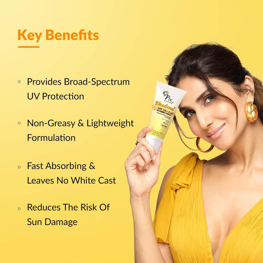 Fixderma Shadow Sunscreen SPF 50+ Gel for Oily Skin | Sunscreen for Body & Face | Broad Spectrum Protection from UVA & UVB | For Women & Men | Non Greasy & Water Resistant - 40gm