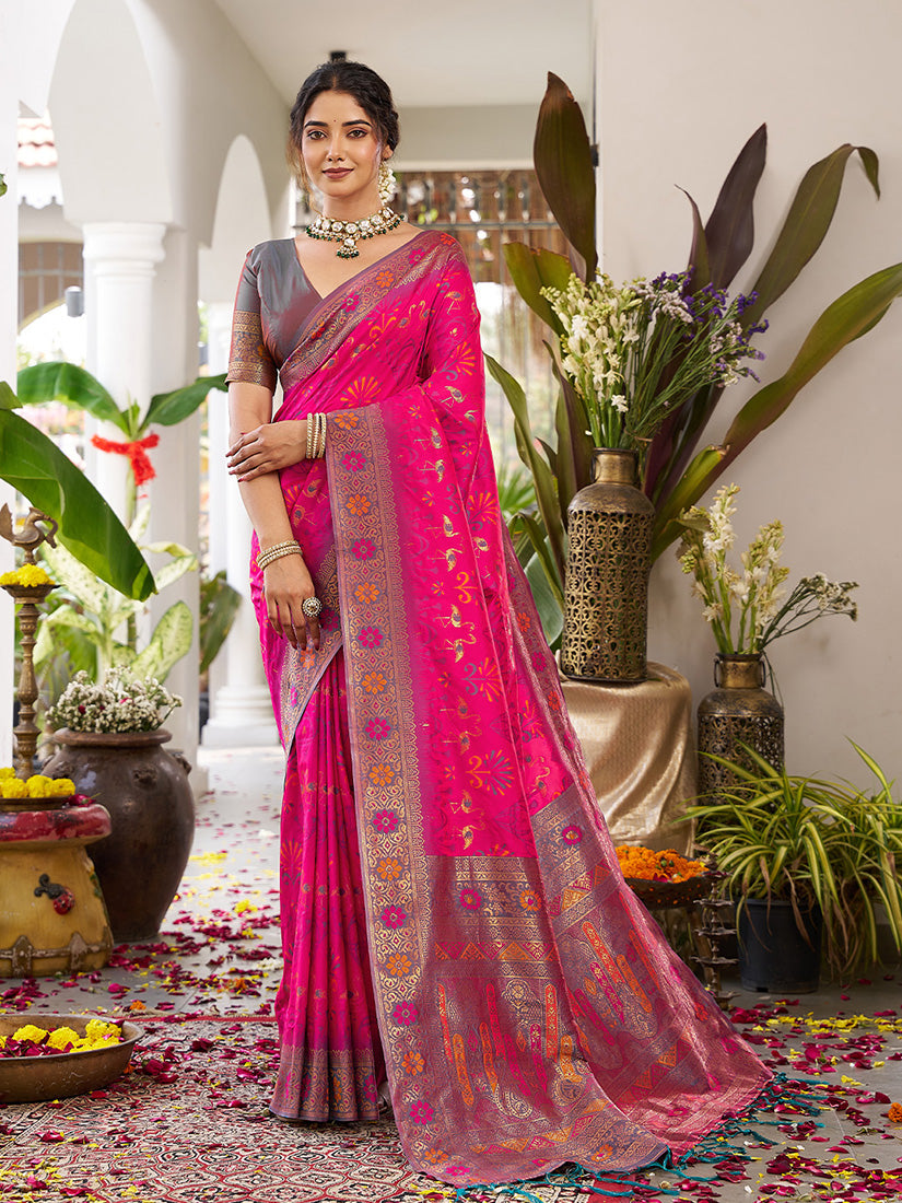 Monjolika Fashion Rani Pink Soft Banarasi Silk Blend Saree with Contrast Blouse Piece