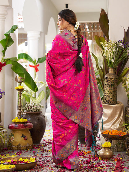 Monjolika Fashion Rani Pink Soft Banarasi Silk Blend Saree with Contrast Blouse Piece