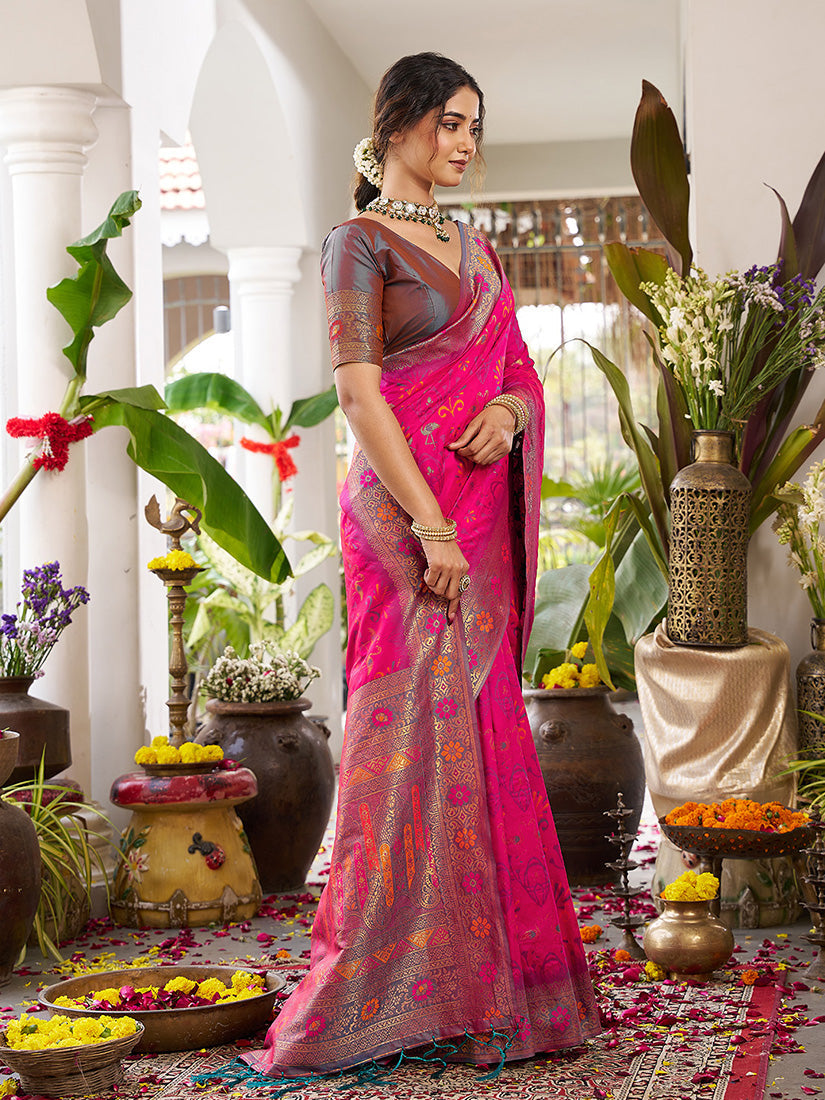 Monjolika Fashion Rani Pink Soft Banarasi Silk Blend Saree with Contrast Blouse Piece