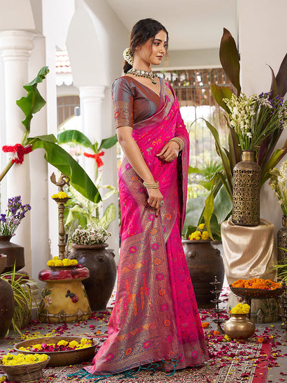 Monjolika Fashion Rani Pink Soft Banarasi Silk Blend Saree with Contrast Blouse Piece