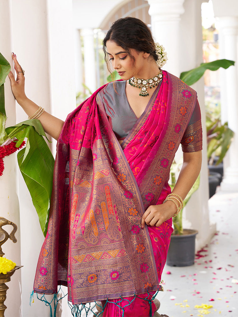 Monjolika Fashion Rani Pink Soft Banarasi Silk Blend Saree with Contrast Blouse Piece