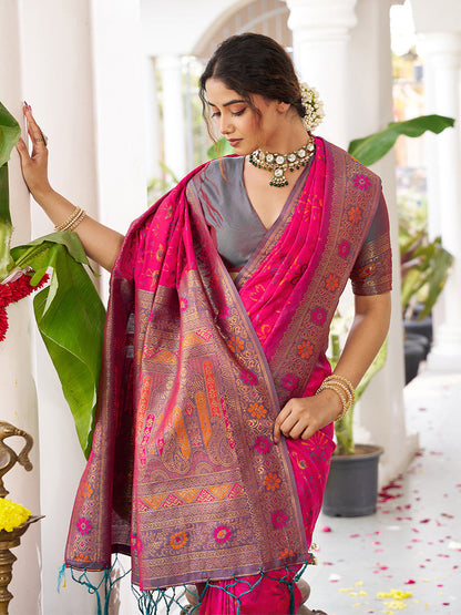 Monjolika Fashion Rani Pink Soft Banarasi Silk Blend Saree with Contrast Blouse Piece