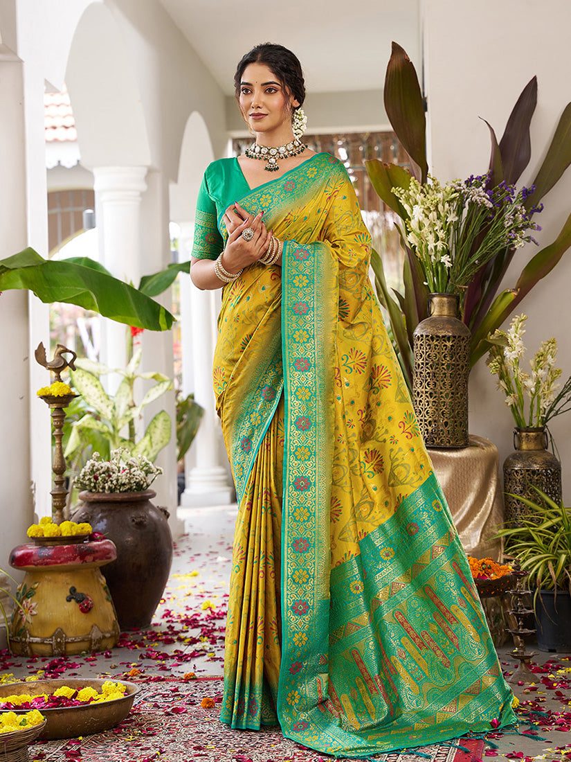 Monjolika Fashion Mustard Soft Banarasi Silk Blend Saree with Contrast Blouse Piece