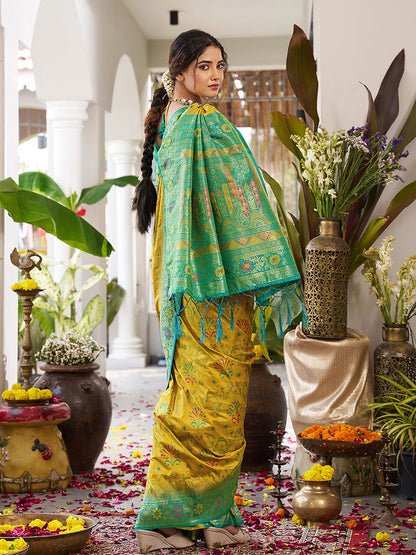Monjolika Fashion Mustard Soft Banarasi Silk Blend Saree with Contrast Blouse Piece