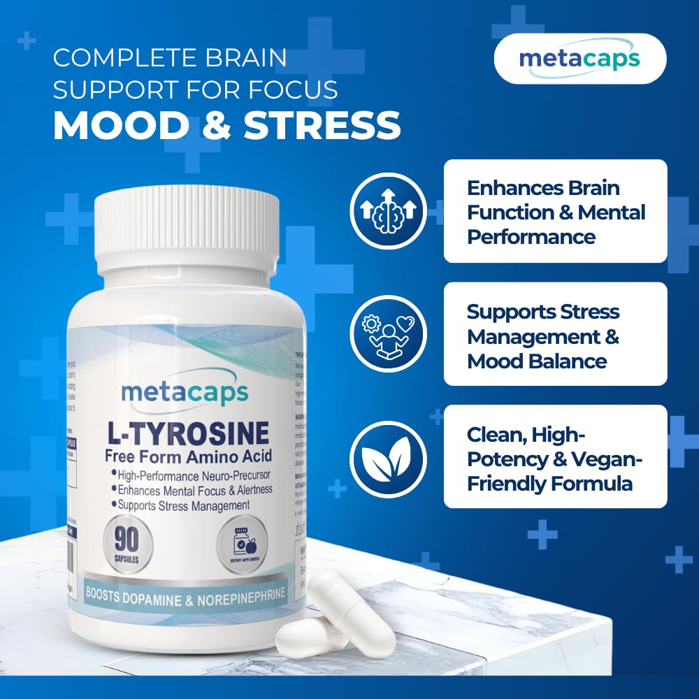 MetaCaps Pure L-Tyrosine 500mg – 90 Veg Capsules | High-Potency Amino Acid for Brain Support | Enhances Focus, Mental Clarity & Alertness | Stress Management & Mood Balance | Non-GMO & Vegan