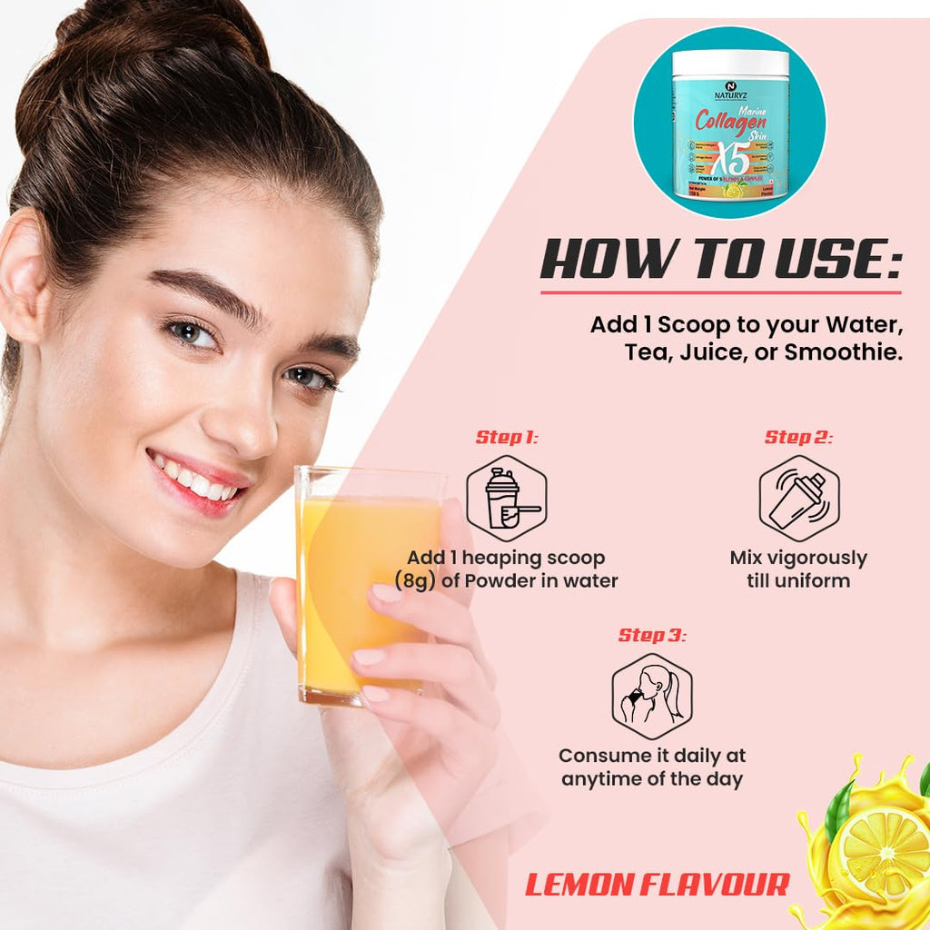 NATURYZ Marine Collagen Skin X5 for Women & Men | Premium Collagen Peptides | Power of 5 Blends | Hyaluronic acid, Biotin & Vitamin E | Supports Skin Radiance, Healthy Hair, Nails, Bone & Joints â€“ 150g(Lemon Flavour)