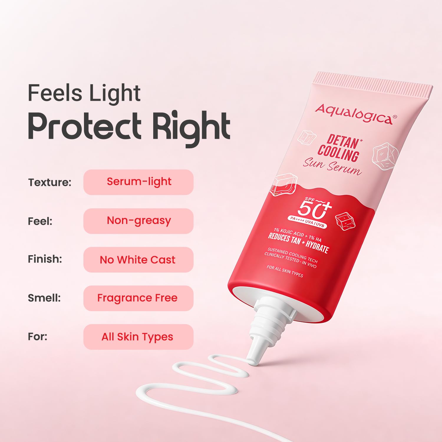 Aqualogica Detan+ Cooling Sun Serum 50g | SPF 50+ PA++++ | 1% Kojic Acid & 1% Hyaluronic Acid | Photostable UV Filters | Serum-Light Texture | Instant Cooling | Tan Protection | Triple Cooling Technology | In-Vivo Tested | Papaya Extract