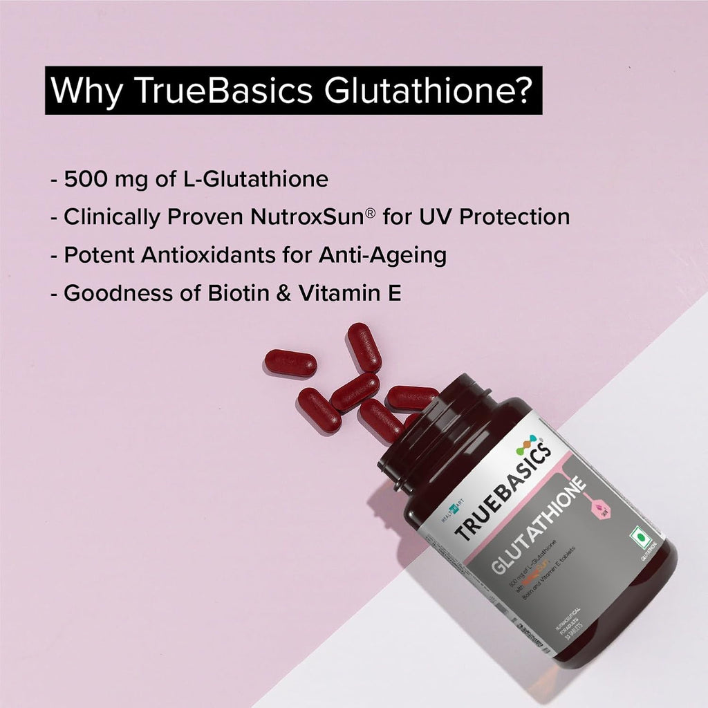 TrueBasics Glutathione (30 Tablets) | With Nutroxsun, Biotin & Vitamin E | For Healthy & Youthful Skin