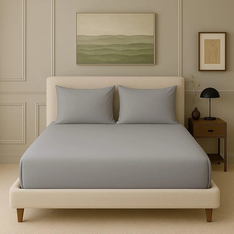 Trance Home Linen 300 TC Bamboo Fitted Queen Size Bedsheet Soft Breathable & Eco-Friendly Bedsheet with 2 Pillow Cover  Colour Silver Grey