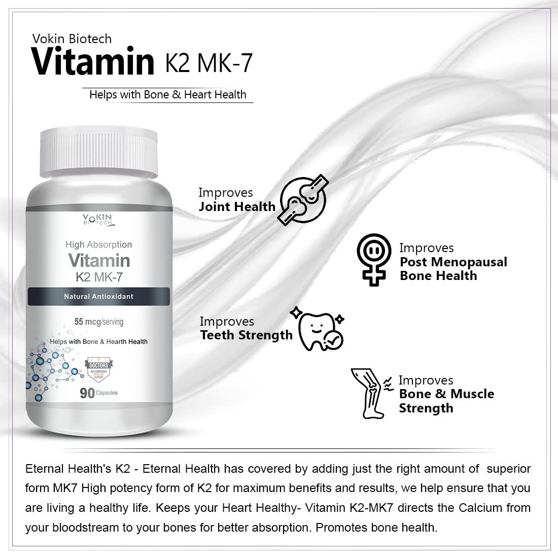 Vokin Biotech Vitamin K2 MK-7- Support Bone & Heart Health - 55mcg â€“ (90 Capsules)