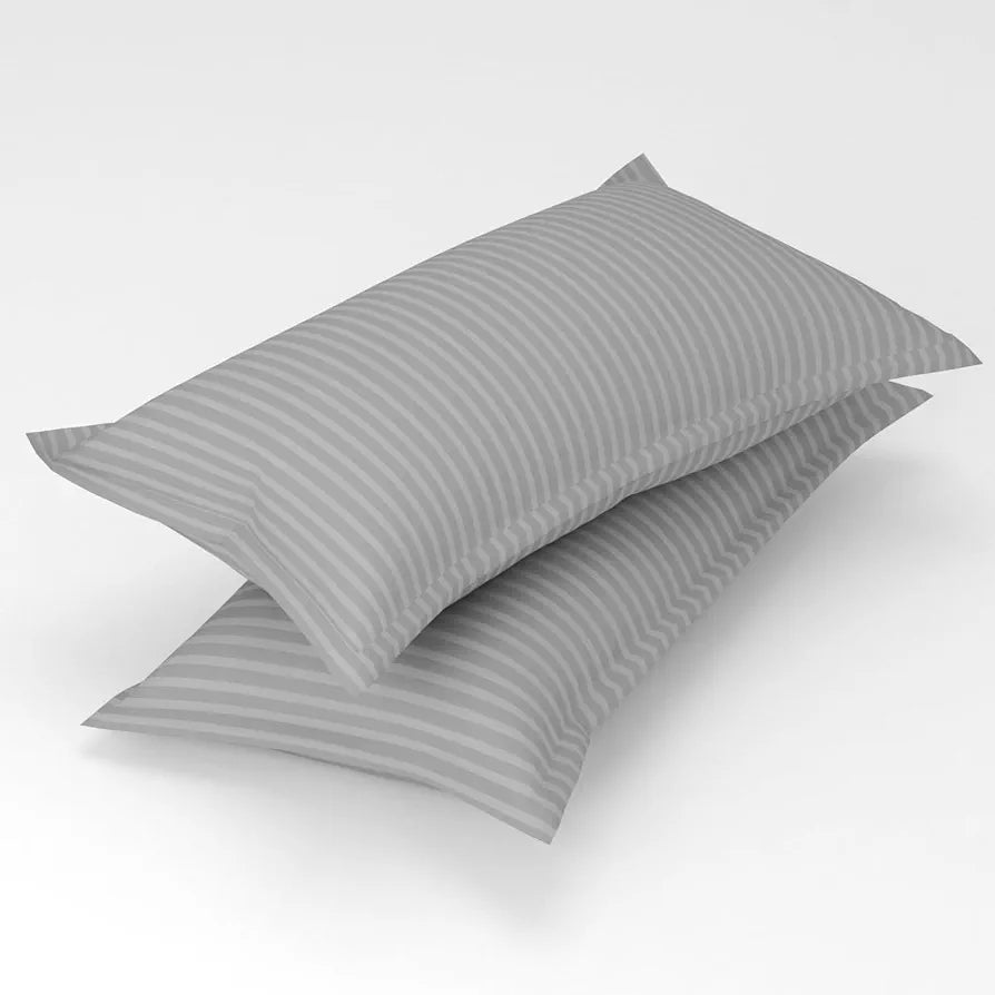 Homefab India 160 TC Stripe Cotton Feel Glace Cotton Elastic Fitted King Size Double Bed Bedsheet with 2 Pillow Covers Fits Upto 6 inches Mattress Silver