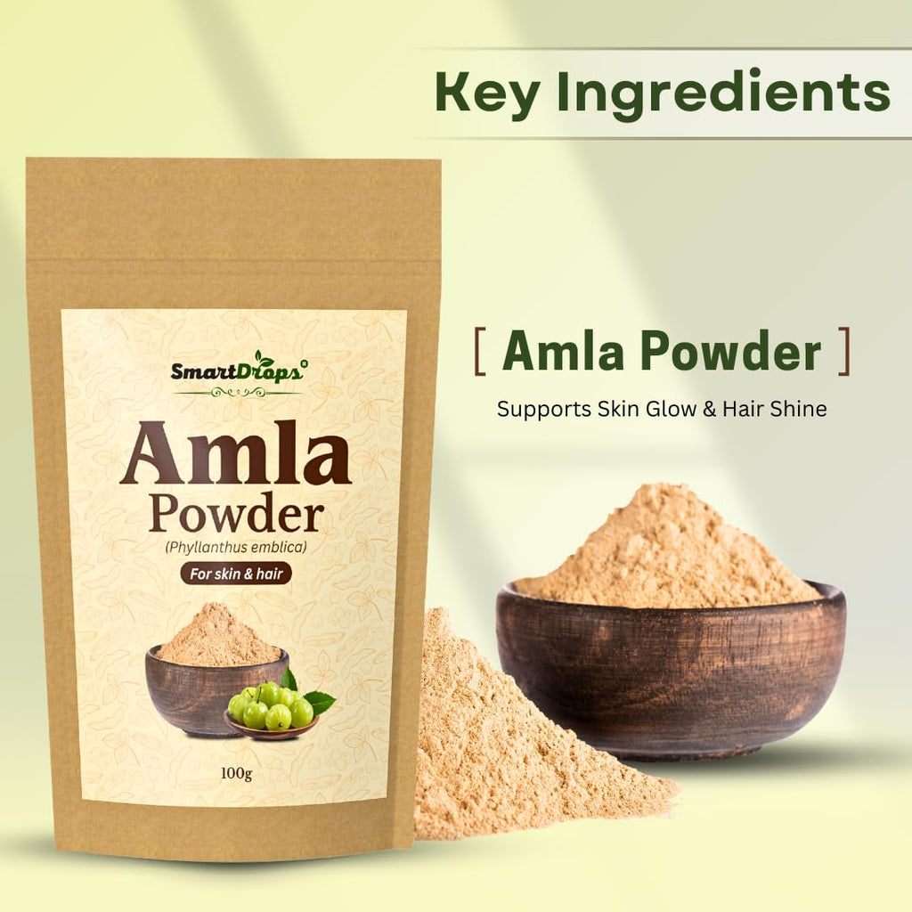 Smartdrops Amla Powder for Hair Care Natural Hair Pack Powder for Scalp Massage Hair Mask DIY Hair Care Routine | Indian Gooseberry | Ideal for Hair, Skin, or Culinary Use | 100g (Pack-1)