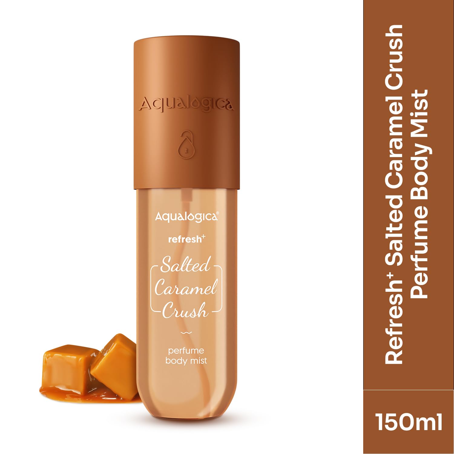 Aqualogica Refresh+ Perfume Body Mist - Salted Caramel Crush | Mouthwatering Gourmand Scent | Long Lasting Fragrance | Double Duty for Hair & Body | Non-Irritating & Hydrating | Infused with Zemea & Hyaluronic Acid | For Men & Women | 150 ml