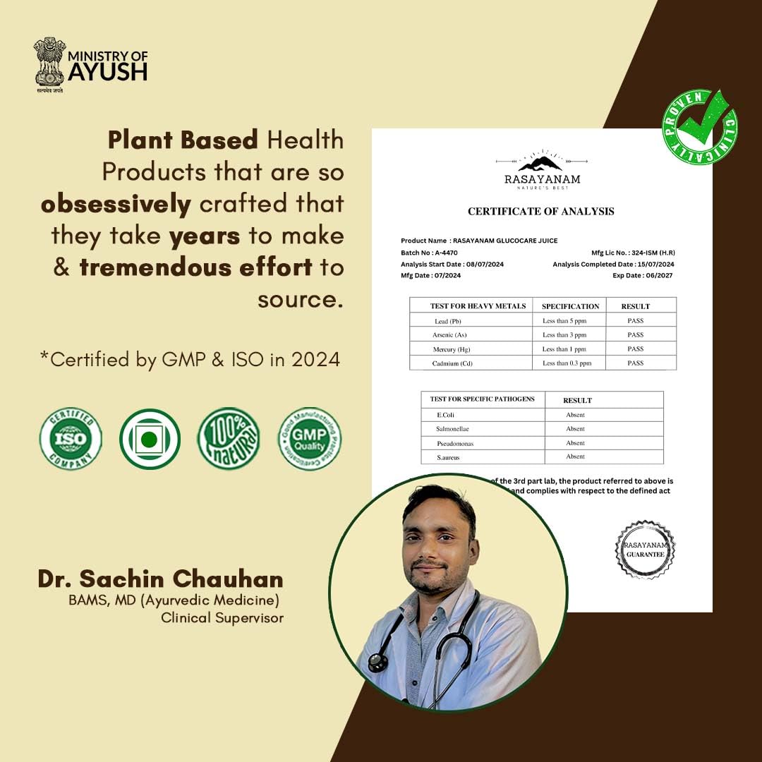 Rasayanam GlucoCare Juice For Diabetes Care | For Blood Sugar Management | Jamun, Karela, Amla, Neem, Methi & More | 100% Natural & Safe | Better Digestion & Gut Health - 750ml