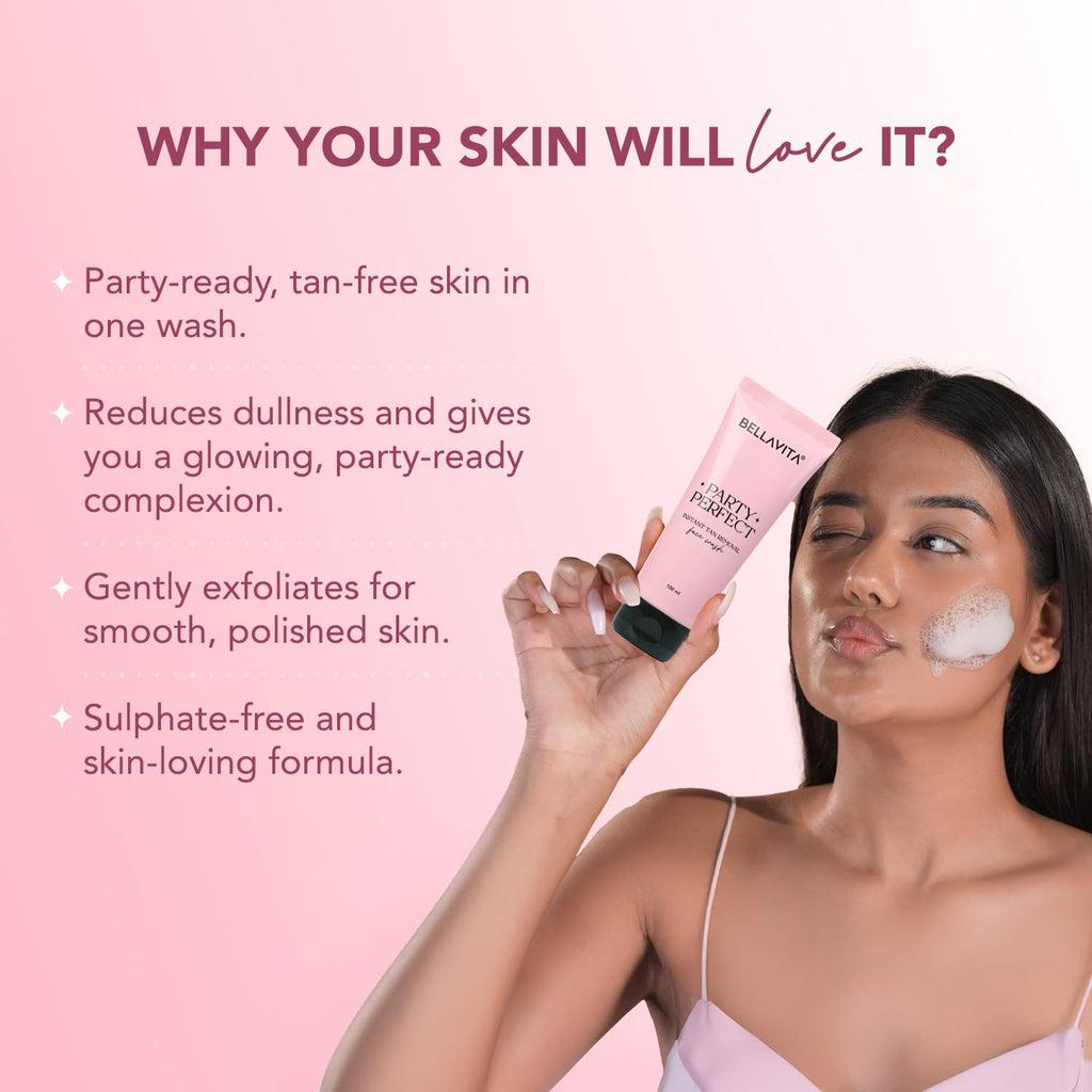 BELLAVITA Party Perfect 2-in-1 Face Wash | Party-Ready Skin | Instant Tan Removal | Instant Brightening | Even Skin Tone | For Men & Women | 100ml