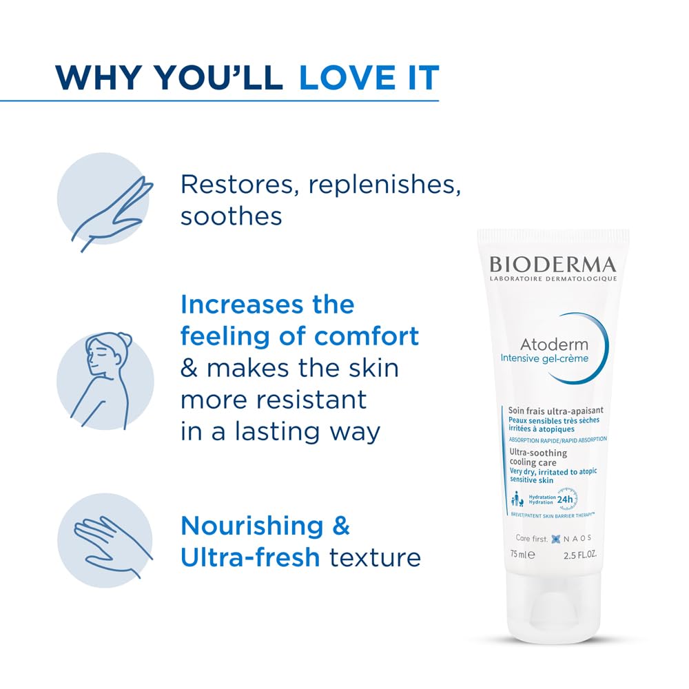 Bioderma Atoderm Intensive Gel CrÃ¨me with Niacinamide| Skin Barrier Repair| Ultra-light Soothing Gel moisturizer for Very Dry, Irritated, Atopic, Sensitive Skin, 75ml