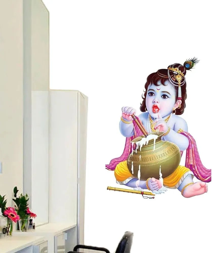 Rawpockets Lord Krishna with Pot Self Adhesive Wall Sticker-PVC