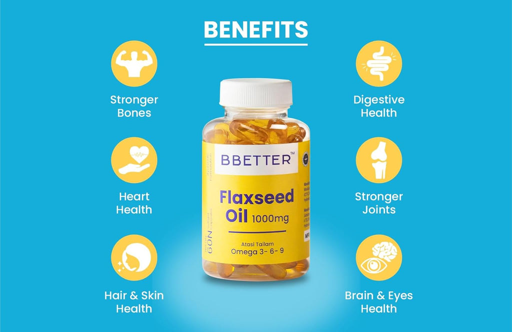 BBETTER Flaxseed Oil Softgels | Omega 3 6 9 Vegetarian Capsules for a Healthy Heart & Brain | 1000mg Flaxseed Oil capsules | No Fish Oil Used | 60 Capsules