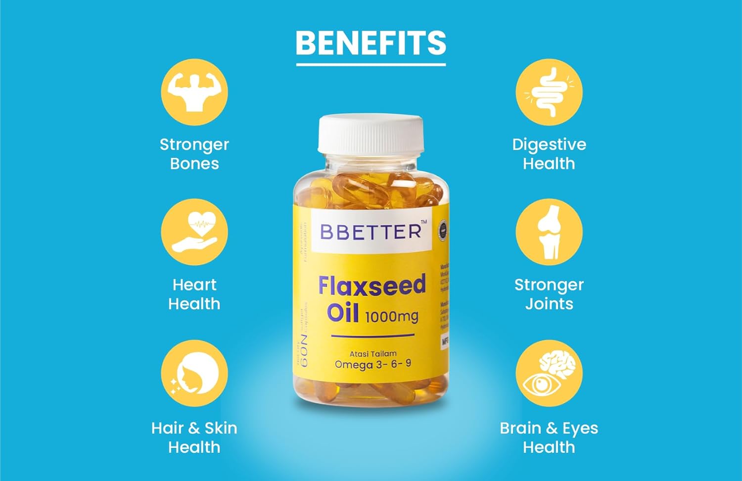 BBETTER Flaxseed Oil Softgels | Omega 3 6 9 Vegetarian Capsules for a Healthy Heart & Brain | 1000mg Flaxseed Oil capsules | No Fish Oil Used | 60 Capsules
