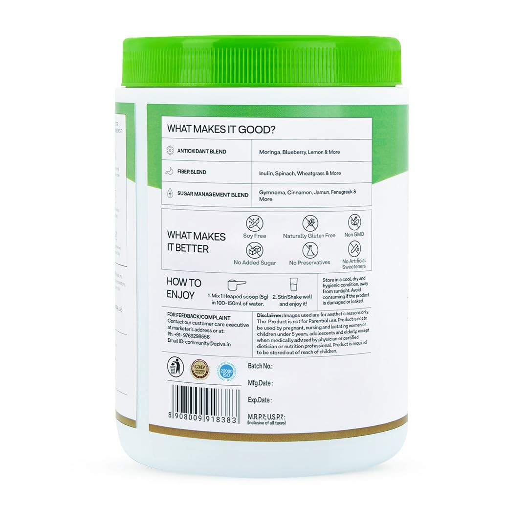 OZiva Superfood Greens & Herbs for Diabetes and Prediabetes Powder, 200g| OZiva Greens & Herbs for Sugar Control and Diabetes Management (with Moringa, Milk Thistle, and Fenugreek)