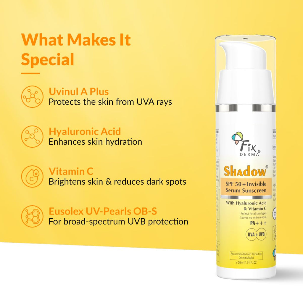 FIXDERMA Shadow Invisible Serum Sunscreen SPF 50+ PA+++|Ultra Lightweight Transparent Sunscreen with Vitamin C & Hyaluronic Acid|No White Cast|For All Skin Types|For Men & Women|Airless Pump 30 ML