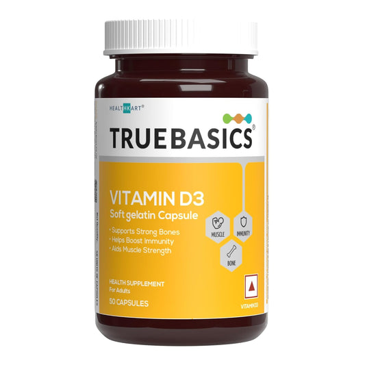 TrueBasics Vitamin D3 600 IU, for Healthy Bones, Strong Muscles, Boosts Immunity & Calcium Absorption, 50 Vitamin D Capsules