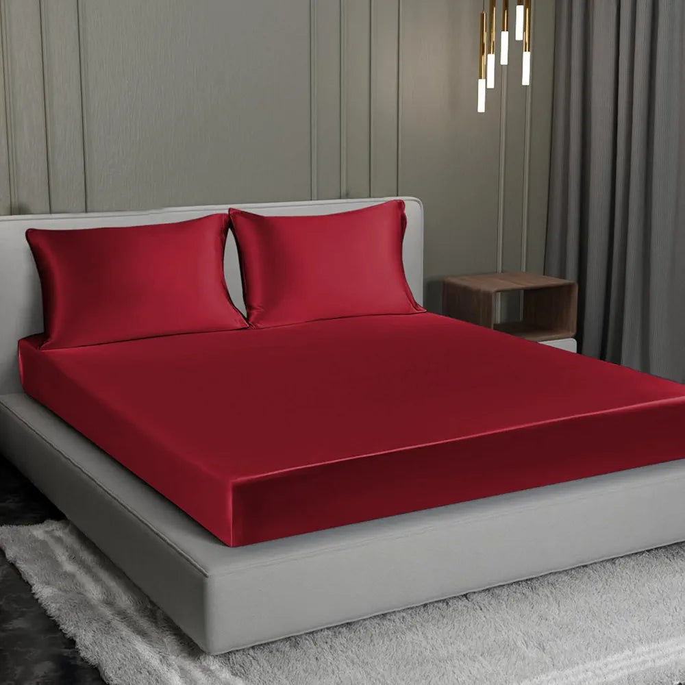 Cloth Fusion Satin Elastic Fitted Bedsheets Double Bed Luxury Queen Size Bed Sheet with 2 Pillow Covers Crimson Red