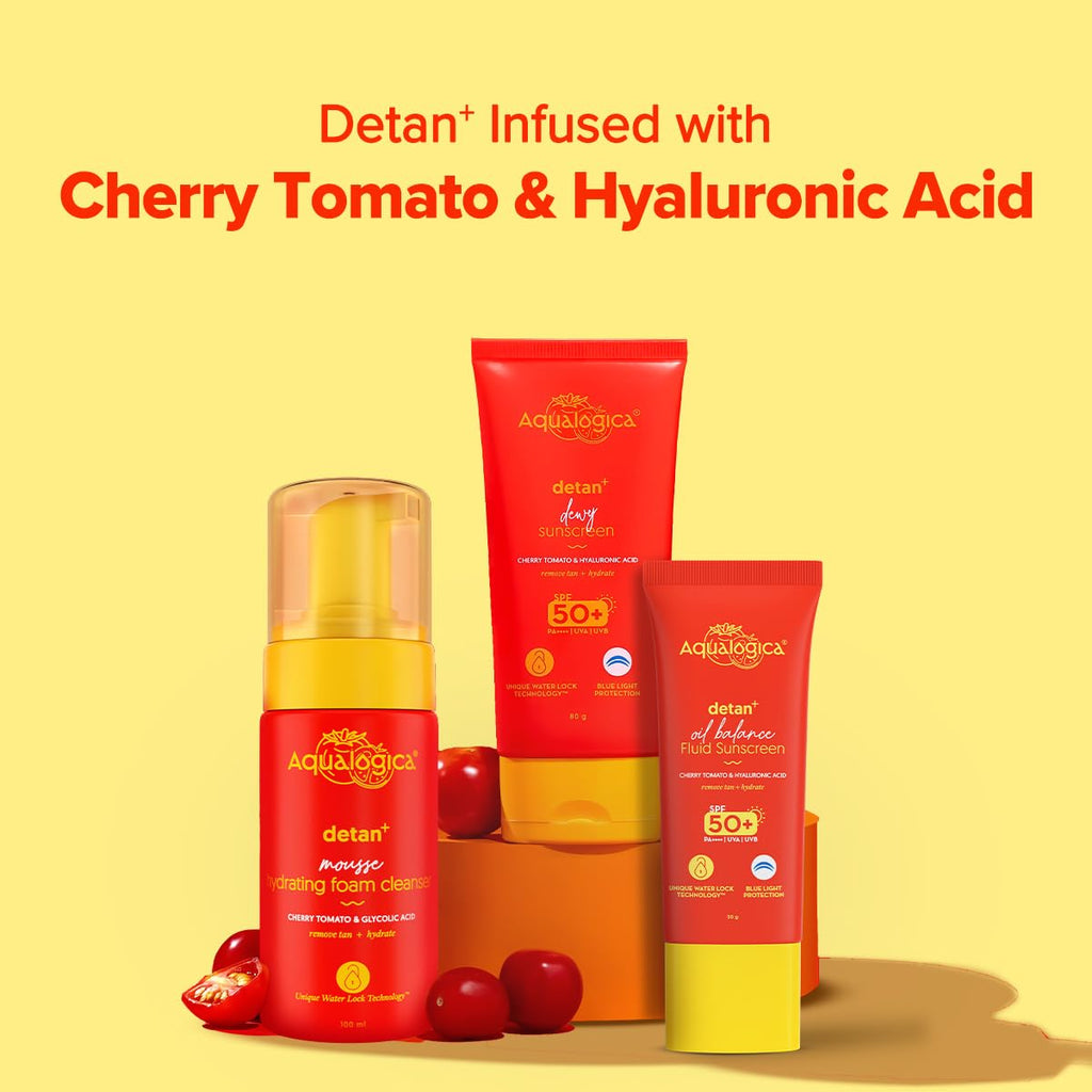 Aqualogica Detan+ Oil Balance Fluid Sunscreen for Oily Skin - 50 g | Water-like Fluid Texture | SPF 50+ PA++++ UVA & UVB Protection | Reduces Tan | Oil Free | Balances Excess oil | Non Greasy | No White Cast | For Men & Women