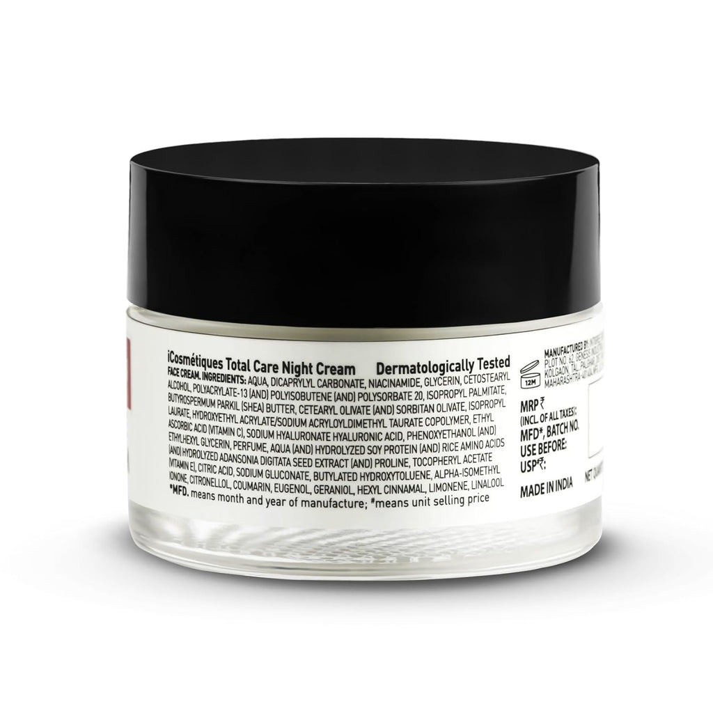 iCosmetiques Night Cream |Vitamins B3, C, E |Shea Butter & Glycerin |Deep Hydration & Glow |Lightweight Moisturizer for Radiant Skin |Mineral Oil & Silicone-Free |Unisex Total Care Formula |50g