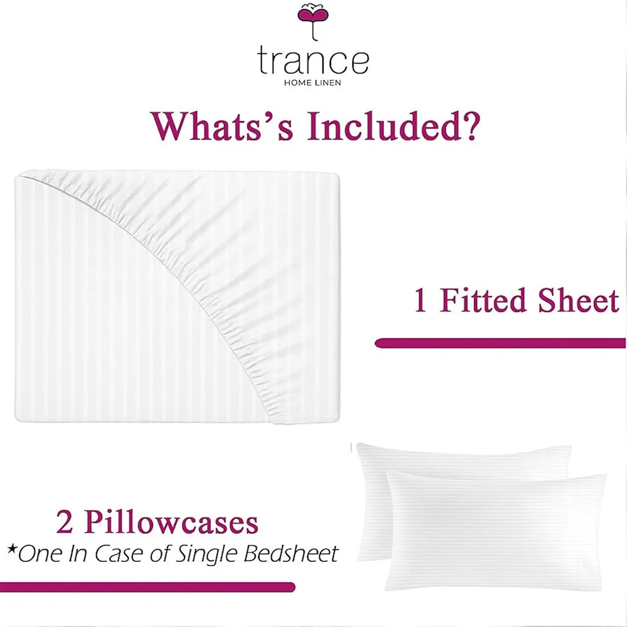 Trance Home Linen Cotton 300Tc Satin Stripe King Fitted Bed Sheet With 2 Pillow Covers 300 tc Colour White