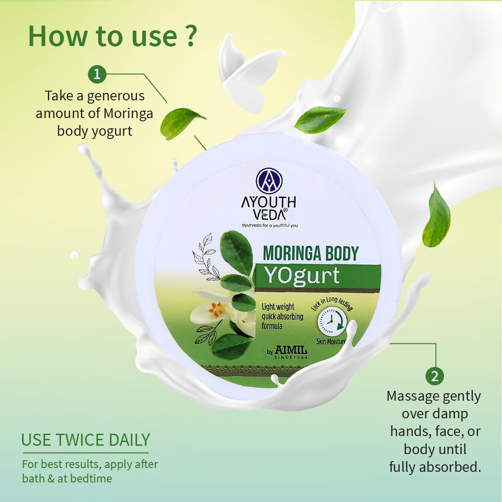 Ayouthveda Moringa Body Yogurt | Instant & Deep Hydrating Moisturizer For Daily use | Non Greasy Formula | Helps to Improve Skin Tone & Repair Skin Damages (Pack of 200gm)