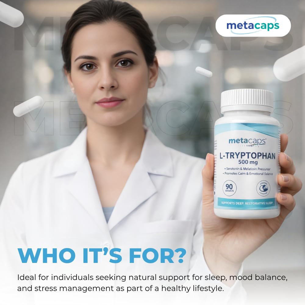 MetaCaps Pure L-Tryptophan 500mg – 90 Veg Capsules | Essential Amino Acid for Serotonin & Melatonin Support | Natural Sleep Aid & Mood Regulator | Supports Relaxation & Stress Relief | Non-GMO & Vegan