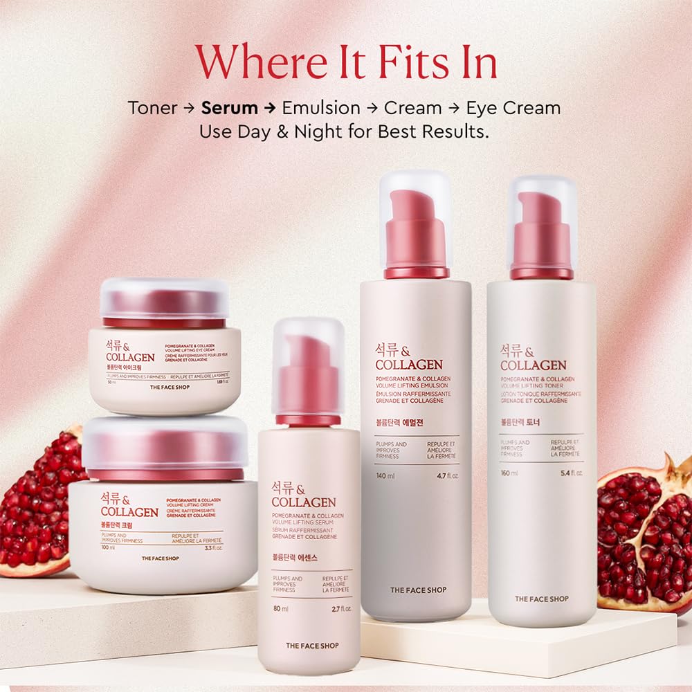 The Face Shop Collagen & Pomegranate Volume Lifting Face Serum | With 10% Marine Collagen & Hyaluronic Acid for Firming, Wrinkle Care & Intense Hydration | Korean Skincare Serum, 30ml