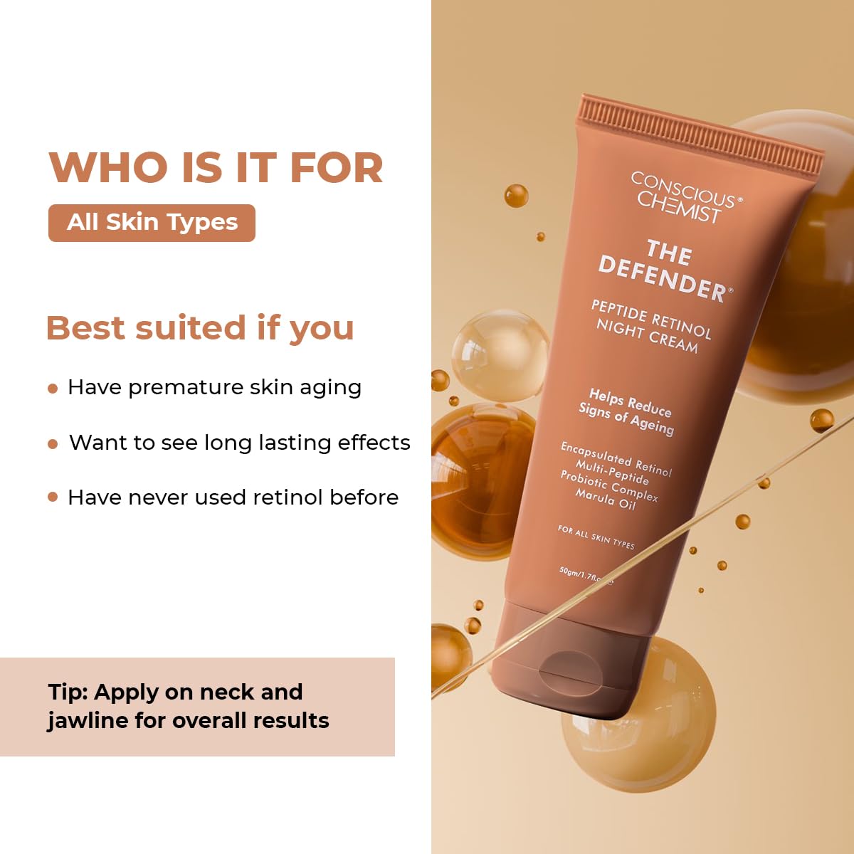 Conscious Chemist 0.2% Retinol Moisturizer Cream | 50g | Pro-Collagen Night Cream For Men & Women, Multi peptide Anti aging Face cream, Reduces Fine lines, Neck lines & Wrinkles, All Skin Types