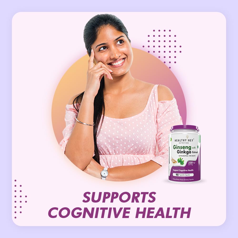 HealthyHey Ginseng + Ginkgo Biloba - Improves Memory & concentration- 90 Veg Capsules