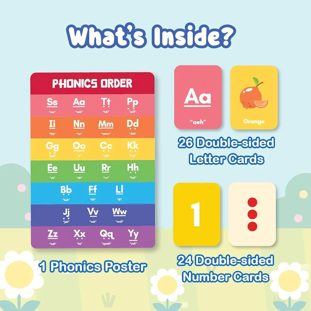 Binca Flash Cards for Toddlers - Letters & Numbers, 50 Thick Double-Sided Premium Cards with Phonics & Counting, Learning Tool for Preschoolers, Early Learning Toy, Gifts for Kids Ages 1, 2, 3 Years