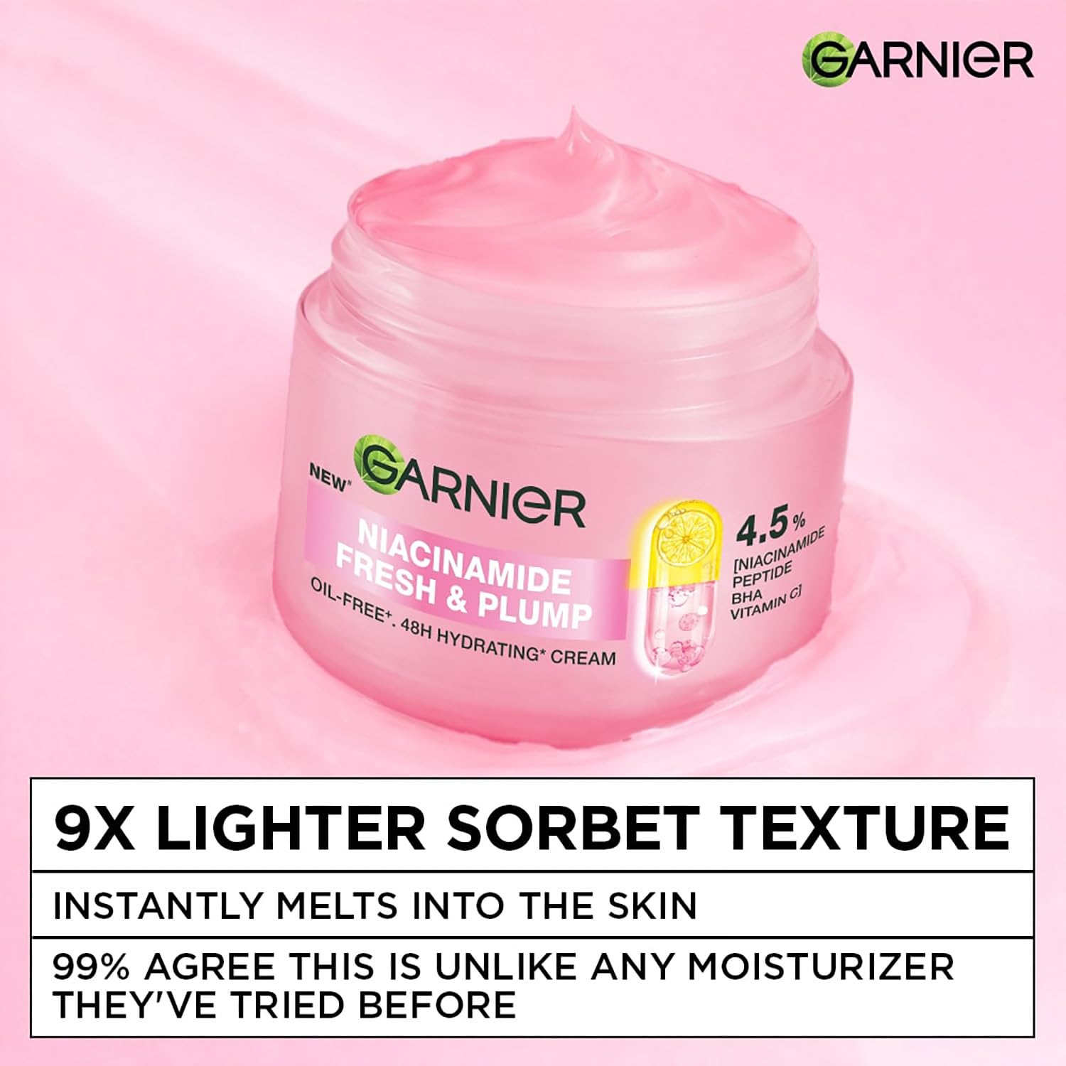 Garnier Fresh & Plump Niacinamide Sorbet Moisturizer Cream, 4.5% Niacinamide + Peptide + BHA + Vitamin C, 9x Lighter Sorbet Texture, For Hydrated and Plump Skin, Suitable for Oily to Normal & Combination Skin, 90g