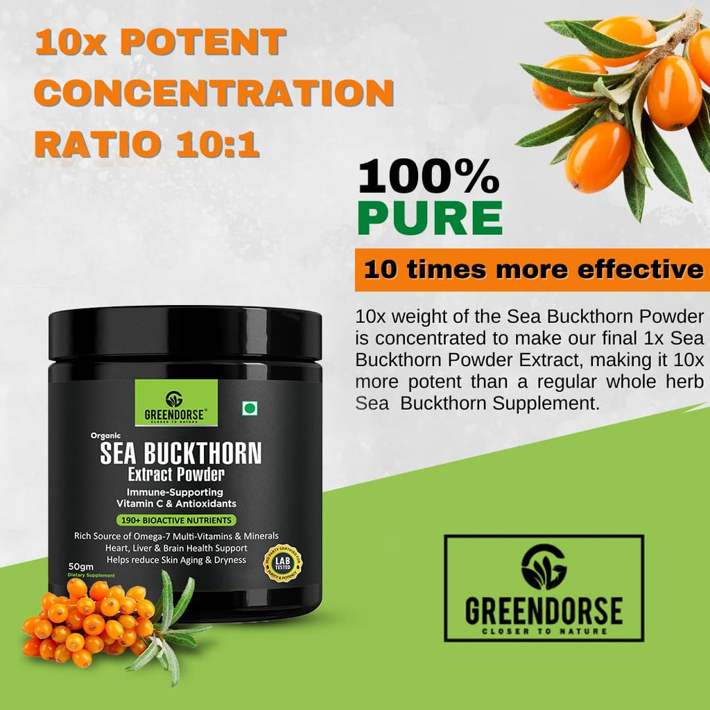 GREENDORSE Himalayan Sea Buckthorn (Omega-7) Extract Powder, SUPERFRUIT with 190+ Active Nutrients, Omega, Antioxidants Protection, Supports Brain, Liver & Heart Functioning- 50g