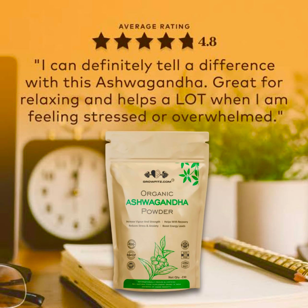 Growfitz 100% Organic Ashwagandha Powder 230g | Withania Somnifera | Energy Boost, Anxiety & Stress Relief, Height Improvement, Immunity System | ISO Certified | Vegan, Gluten-Free | Pack of 1